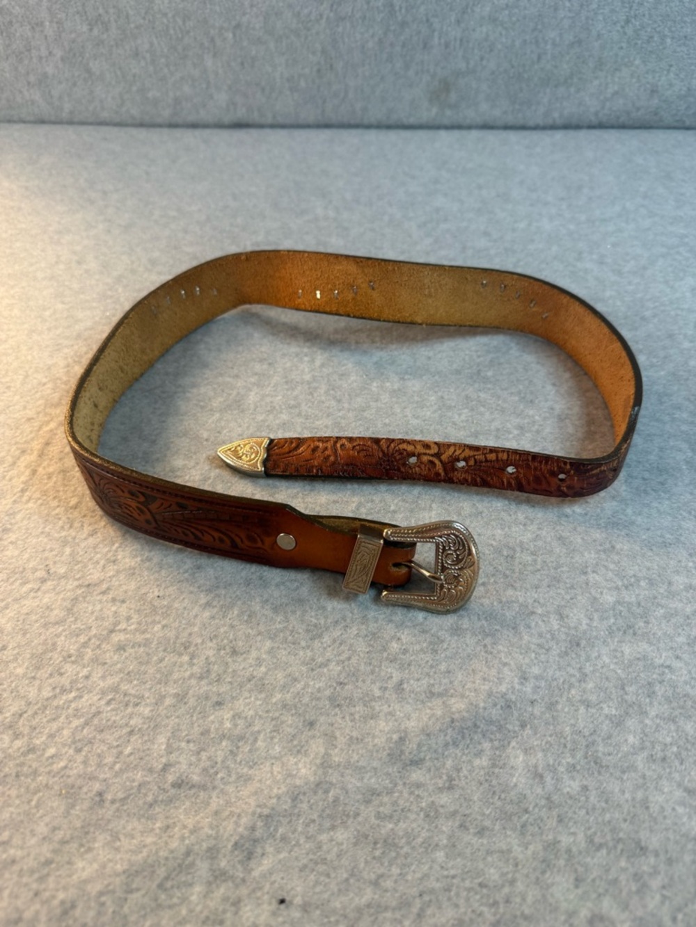 Tooled Brown Leather Western Belt with Silver Buckle 28